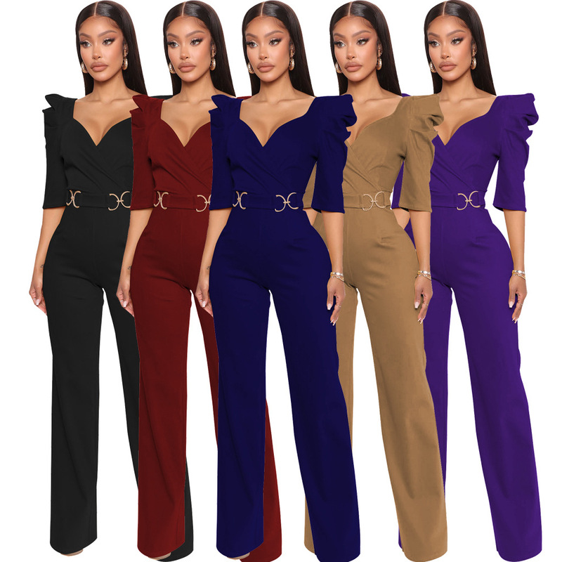 SMR10805 Asia cross-border Masson new European and American sexy fashion solid color 3/4 sleeve V-neck women's jumpsuit