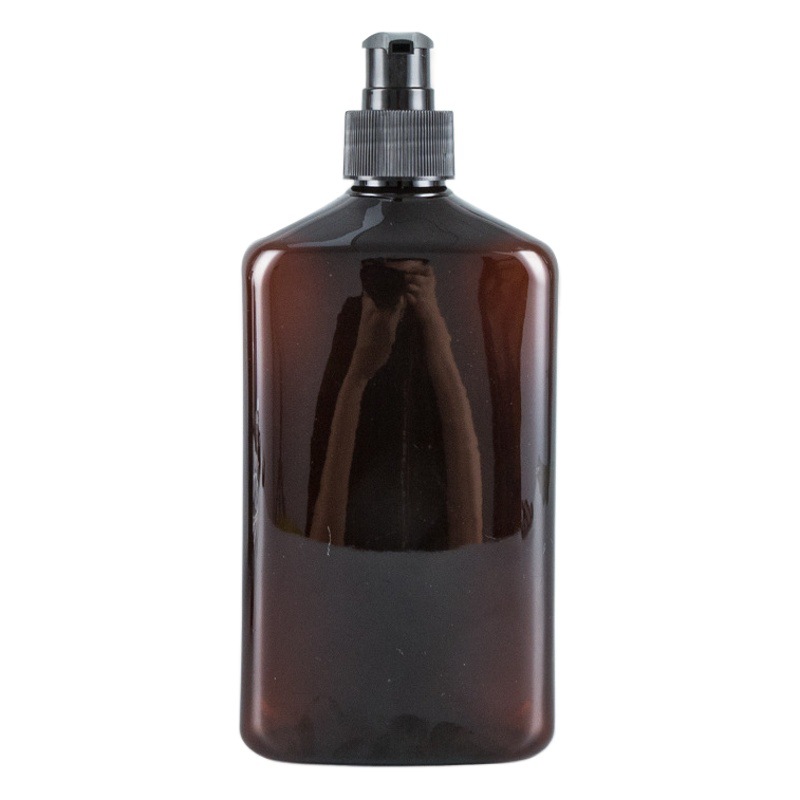 Botella plana marrón de 500ml con cabeza de bomba en espiral empaquetado cosmético champú loción corporal sub-empaquetado botella vacía para mascotas