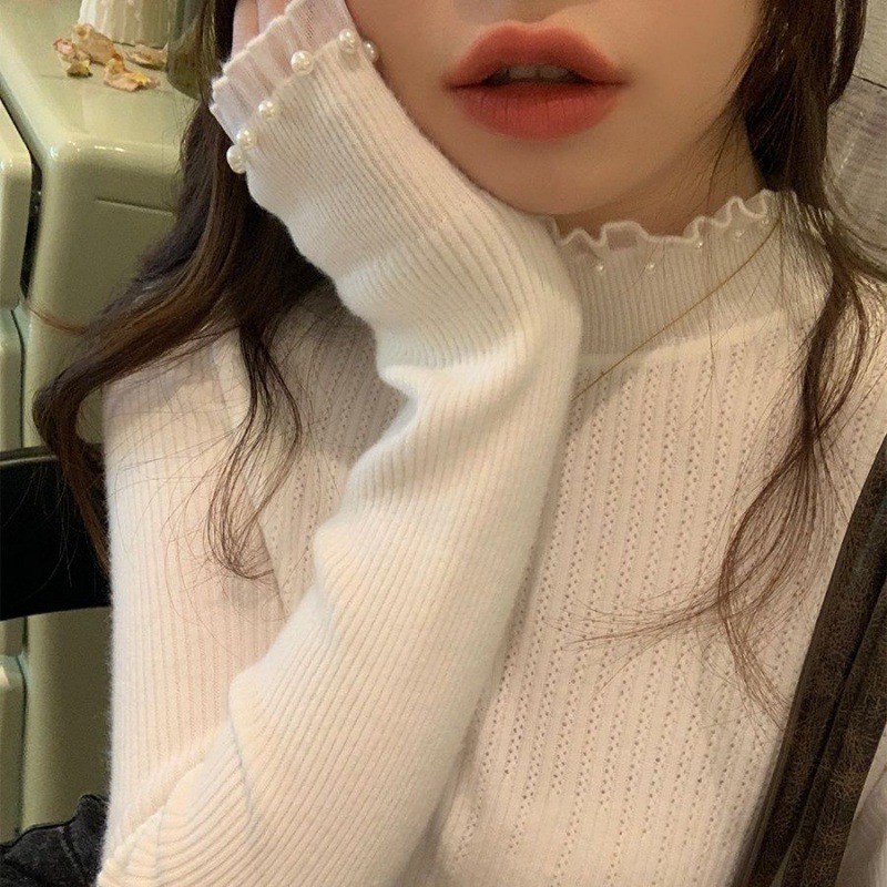 新中国式小真珠半高襟セーター秋冬デザイン感修身レースの底のシャツの女性の中にニットの長袖を掛けます。