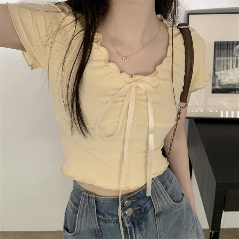 French ShirT, RighT Shoulder, Bow, V Neck, Lace ShorT-sleeved T-shirT for Women, Summer Slim ShorT Design, VersaTile Top