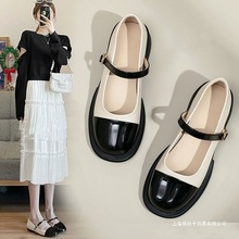 2025新款跟高玛丽皮鞋法式黑白拼接百搭复古浅口新款乐福