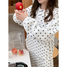 实拍2025INS冬季加厚小羊羔双面绒波点套头插兜家居服睡裙连衣裙