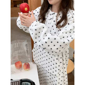 实拍2025INS冬季加厚小羊羔双面绒波点套头插兜家居服睡裙连衣裙