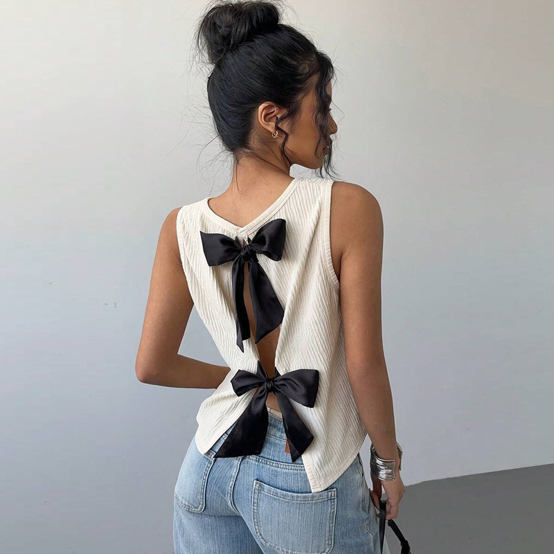 060099TBZ Freit 2025 Summer New TEMU Explosions Bow Contrast Cardigan European and American Vest Women