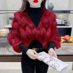 Heavyweight netting fringed spliced two-piece knitwear women's elegant half-high neck slimming top 