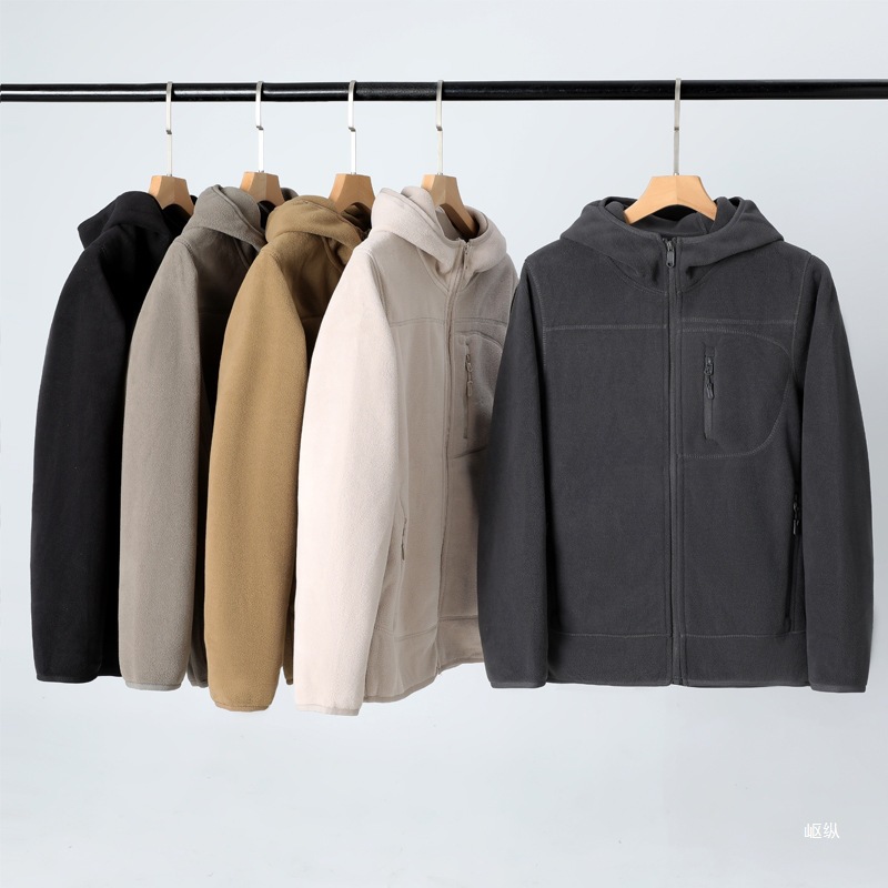 Autumn and Winter New Double-Sided Polar Fleece Jacket Men's Casual Hooded Warm Jacket Men's Black Gray Khaki