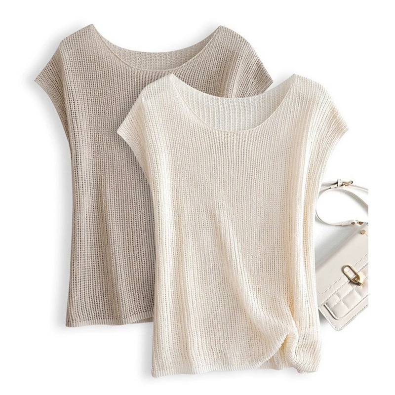 Casual Work Clothing Summer Lightweight Cut Out Small Flying Sleeve Knitwear for Women, Comfortable and Breathable Round Neck Short-Sleeved T-Shirt Top
