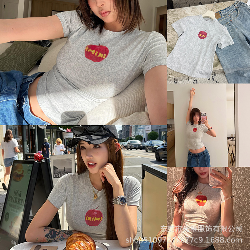 26 New Slim-Fit Hot Girl Style One-Shoulder Limited Edition Apple T-Shirt