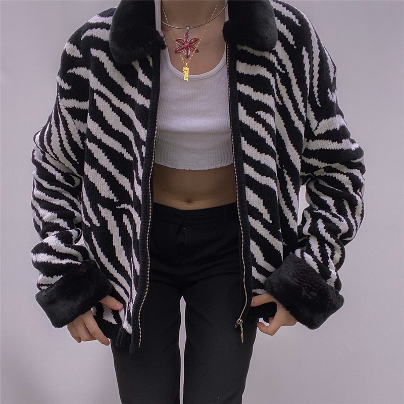 Striped Print Plush Lapel Long-Sleeved Knitted Jacket NSBJD111620