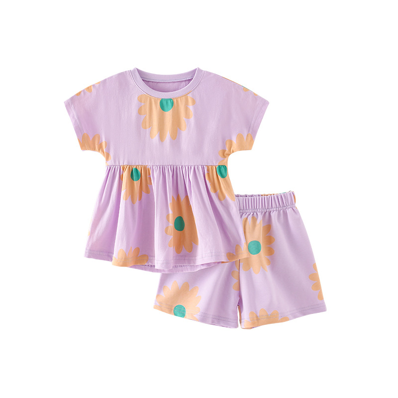 Malwee traje de niñas verano nuevos pantalones cortos de manga corta para niños europeos y americanos cuello redondo impreso traje de dos piezas para niños