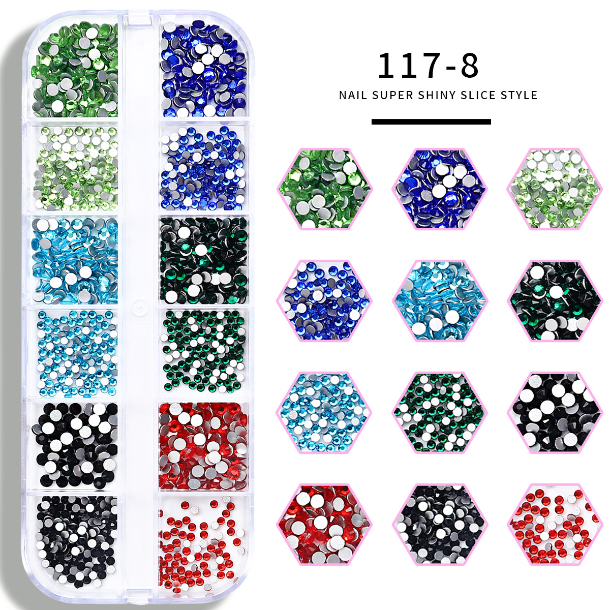 Set de joyas de uñas 12 barras de joyas taladro de uñas largo taladro de fondo plano mezclado taladro de forma especial superbrillante accesorios de uñas