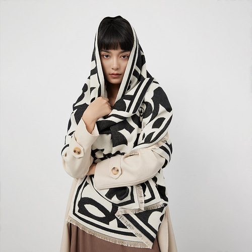 Camellia black and white elegant imitation cashmere scarf large square scarf for women European and American big-name outer shawl warm fashion scarf