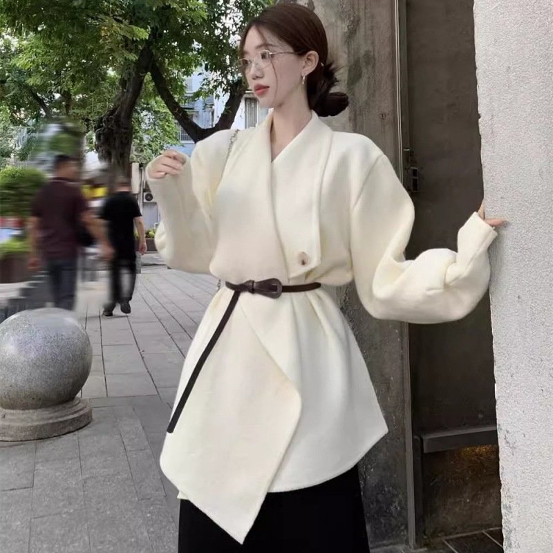 韩系高级感气质翻领宽松女外套女秋冬款季黑色收腰修身开衫上衣|undefined