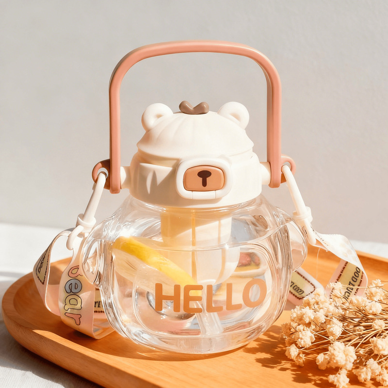 Cute Big Belly Cup for Girls and Kidsren, High-Looking Water Cup, High Temperature Resistant, with Tea Leakage, Cross-Body Strap, Large Capacity Plastic