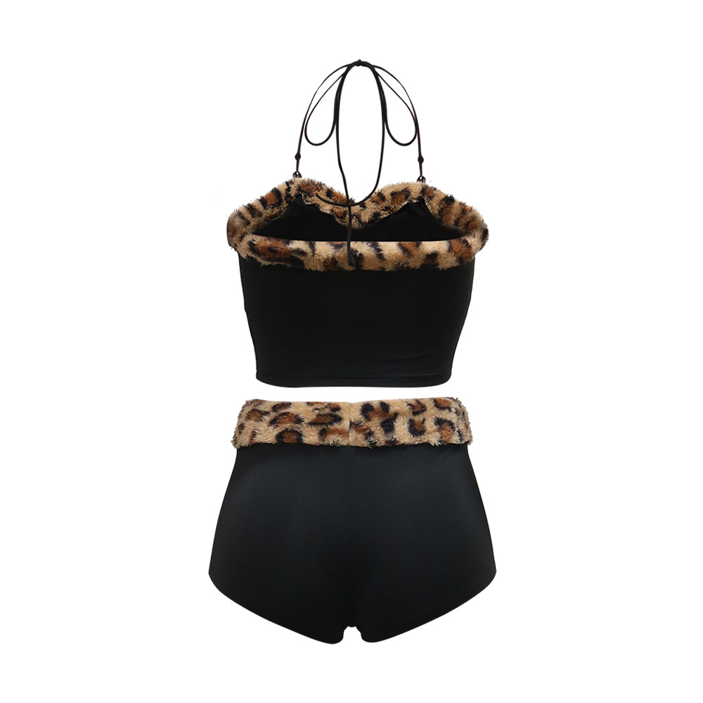 Women Sexy Knotted Short Top with Ultra Short Leopard Splicing Milk Silk Two Piece Set