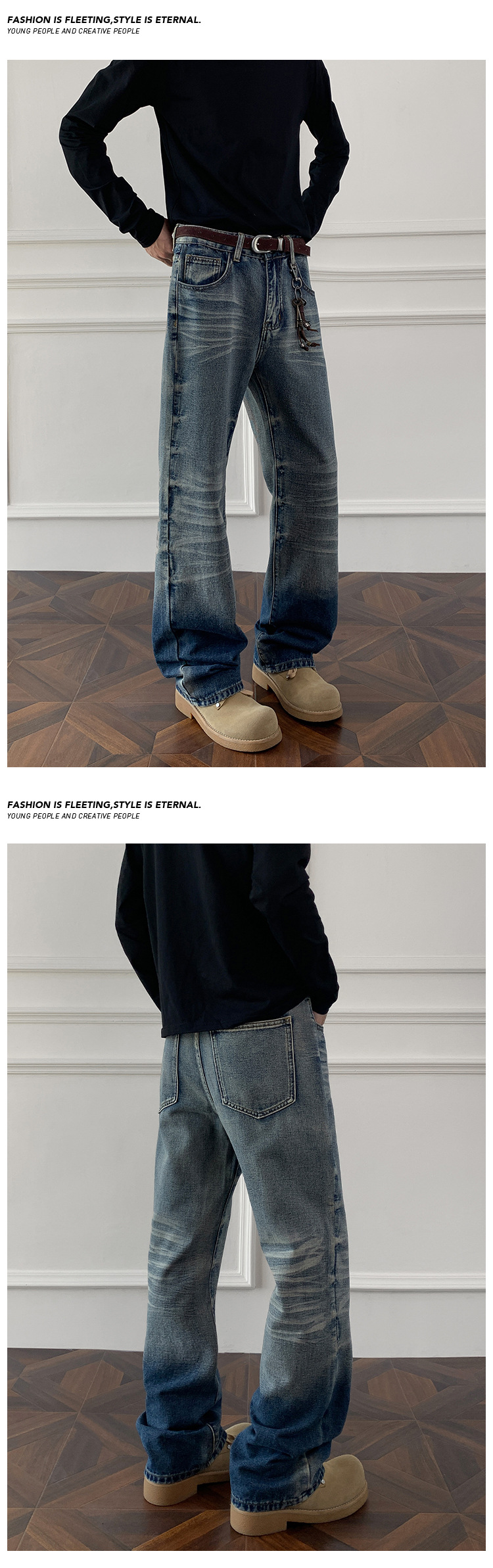 ​​Cleanfit Cat Whisker Fade Jeans For Men - Retro Straight-Leg Denim Pants With Gradient Wash (Blue/Black, M-5XL)​​_voghion.com