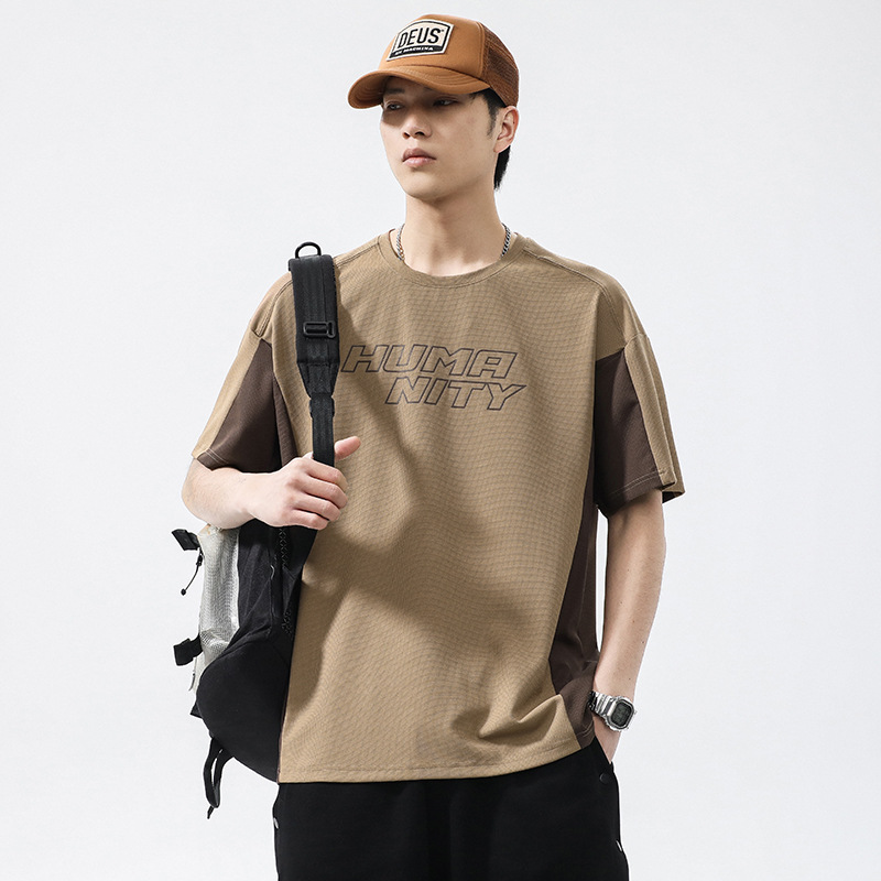 Men's Summer New Product Ice Feeling Quick Drying Short sleeved T-shirt Simple and Loose Spliced Contrast Color Top_voghion.com