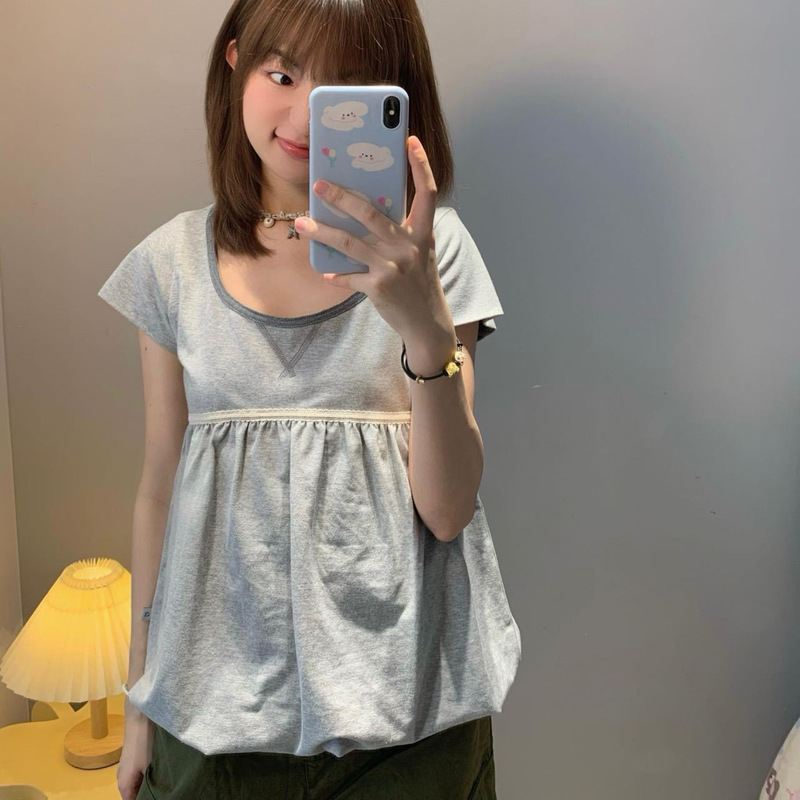 In-Stock 26 Spring/Summer New Lace Trim Flutter Sleeve Round Neck Ruched Short Sleeve Cute T-Shirt Women's Top In-Stock 26 Spring/Summer New Lace Trim Flutter Sleeve Round Neck Ruched Short Sleeve Cute T-Shirt Women's Top