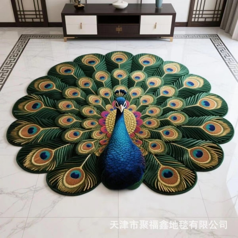 热销孔雀水晶绒客厅家用地垫客厅3D花卉地毯圆形家居新款异形垫|undefined