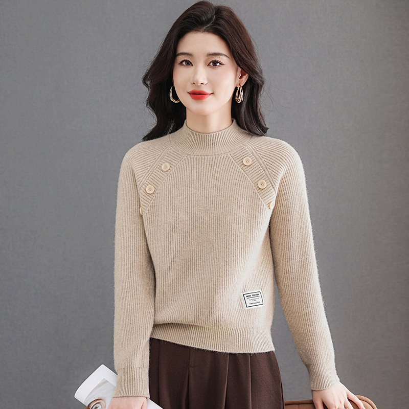 秋冬新款针织衫纯色插肩袖宽松慵懒风百搭气质显瘦半高领套头毛衣，女装针织衫/毛衣，妃慕昵服饰