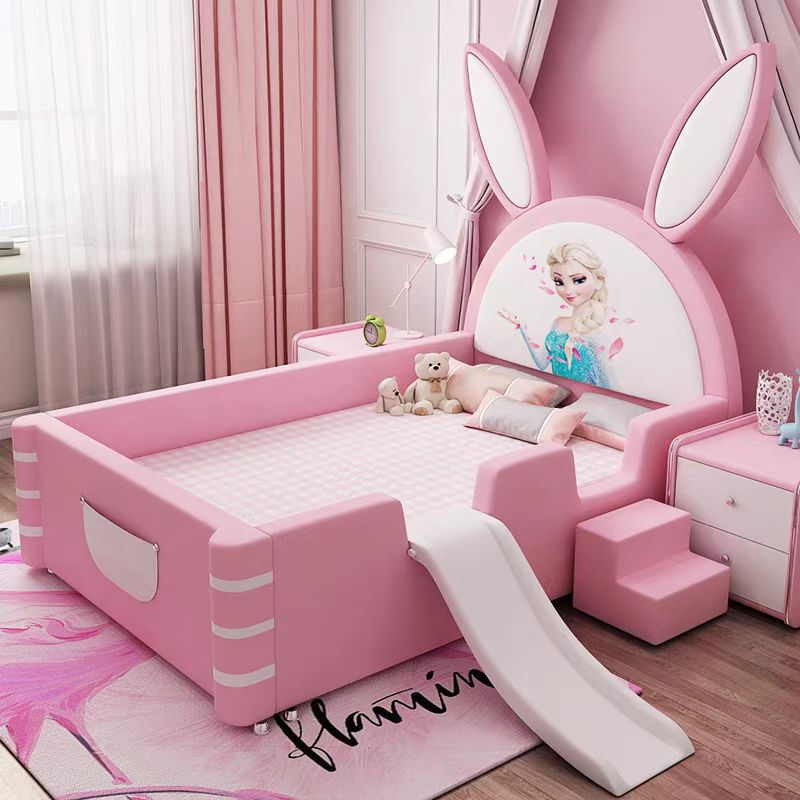 Children's Bed Girl Princess Bed Bedroom Cartoon 1.5m Eco-Friendly Leather Bed with Guardrail Rabbit Elsa Double Bed