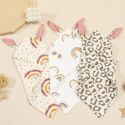 Newborn Baby Printed Pacifier Rabbit Ears Cotton Gauze Baby Sleep Blanket Double Layer Pure Cotton Bib Square Cloth 
