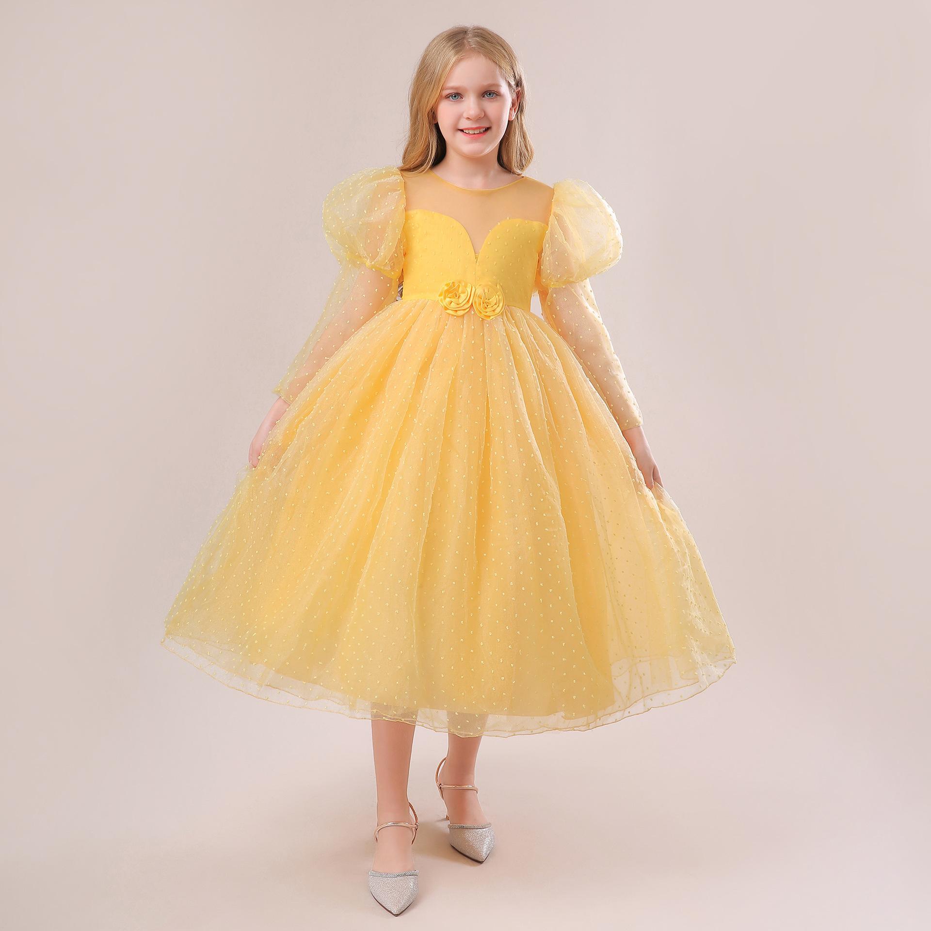 Europa y América nuevo medio y grande vestido de los niños burbuja manga larga princesa mullida gasa vestido piano rendimiento vestido de noche vestido