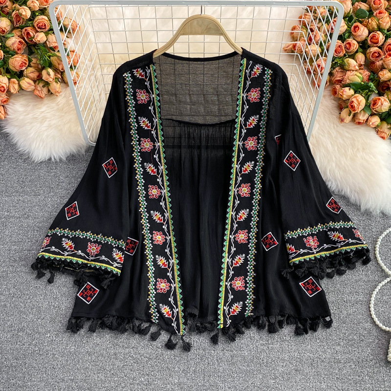 Dames bohemian artistieke retro chiffon cardigan zonder kraag, losvallend kanten shirt, lente 2023, gratis verzending_voghion.com