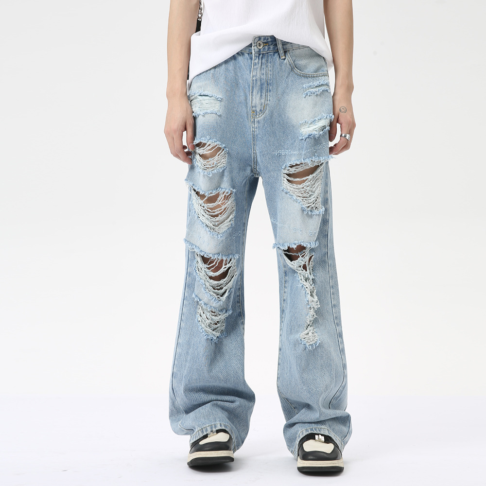 MTLCLOTHES Men's Wear | 2024 Summer New Products Niche Heavy Industry Destroys Ripped Jeans Leisure Loose Tide