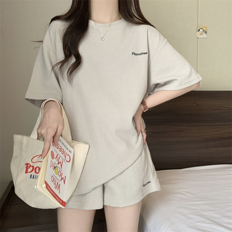 Shorts Sportswear Suit for Women, Summer Student Loose Fit, Hong Kong Style Trendy Casual Waffle Two-Piece Set, New Fashion