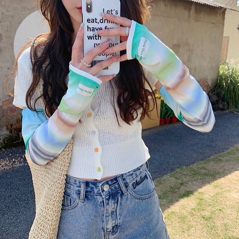 Arco iris degradado guantes de protección solar mujeres conducción al aire libre protección UV protector de brazo de seda de hielo estudiantes ciclismo protector solar mangas de hielo