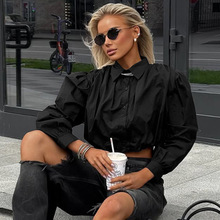 欧美跨境新款纯棉黑色宽松泡泡袖衬衫女优雅气质百搭短款露脐上衣