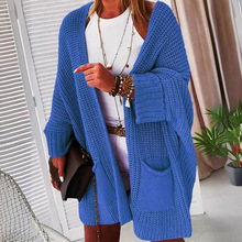 跨境秋冬女装新款欧美口袋开衫针织衫外贸宽松大码长款毛衣外套女