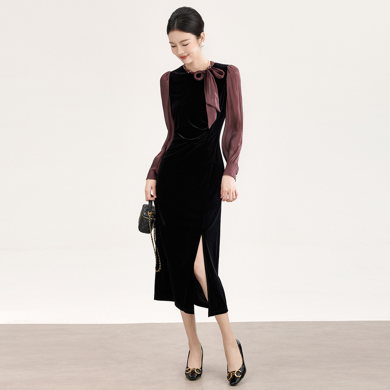 2601308-Nanyou Bow-Tie Collar Velvet Dress with Glass Yarn and Pleated Slit, Elegant and Mature Style 2601308-Nanyou Bow-Tie Collar Velvet Dress with Glass Yarn and Pleated Slit, Elegant and Mature Style