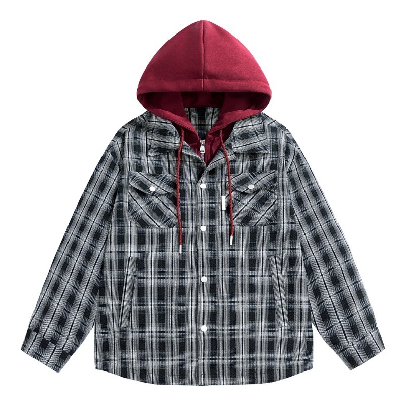Wholesale bubble gauze plaid faux two-piece hooded jacket for men, loose fit, plus size, autumn and winter outerwear, outdoor jacket for men