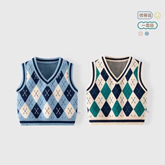 Grid baby vest top pure cotton Class A baby vest spring and autumn outerwear English style boys vest knitted top