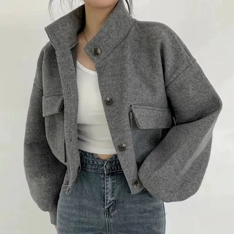 Демисезонное oversize короткое шерстяное пальто, корейский стиль, длинные рукава, повседневный стиль
