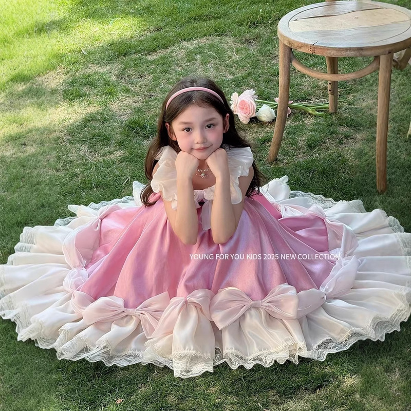 Disney Cinderella Princess Dress Girls' Pink Satin Bow Lace Children's Dress Puff Skirt Disney Cinderella Princess Dress Girls' Pink Satin Bow Lace Children's Dress Puff Skirt
