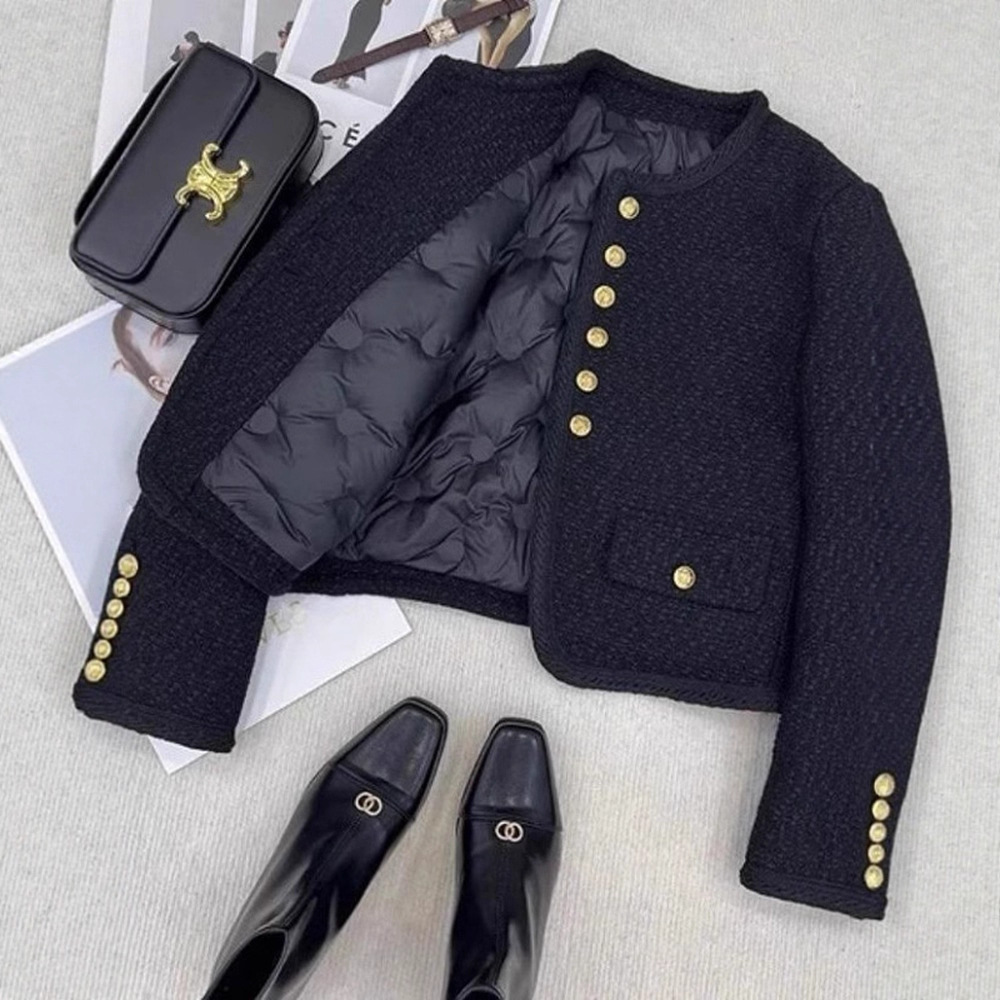 Tweed Style down Jacket Women's 2025 Winter New French Fashion Sense Lady Black Tweed Short Jacket