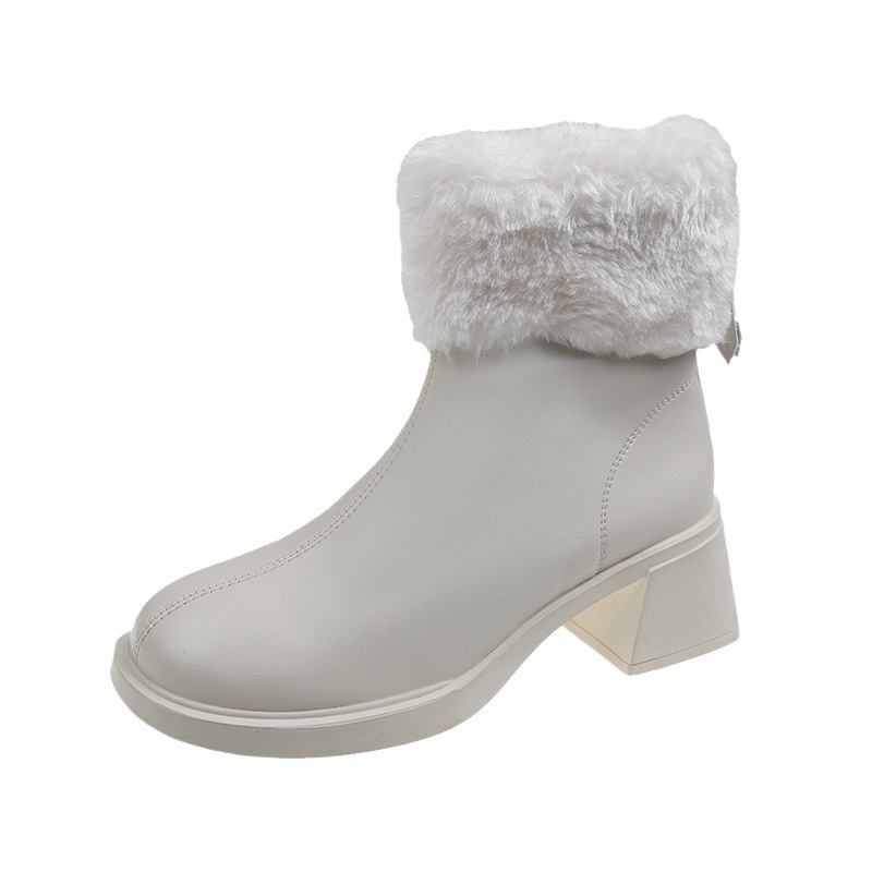 Coarse Heels, Fluffy Short Boots, Women's White 2023 New Winter Velvet Thickening, Western Style Korean Internet Red Slimming Boots_voghion.com