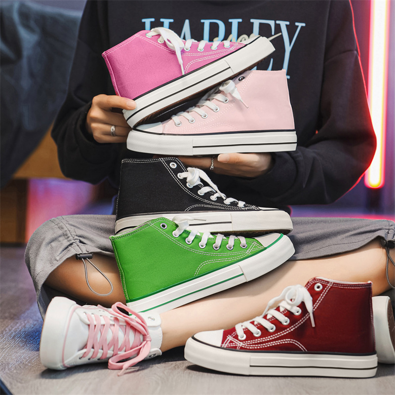 秋季糖果色帆布鞋高帮女纯色网红糖果色潮时尚潮流韩版百搭休闲帆