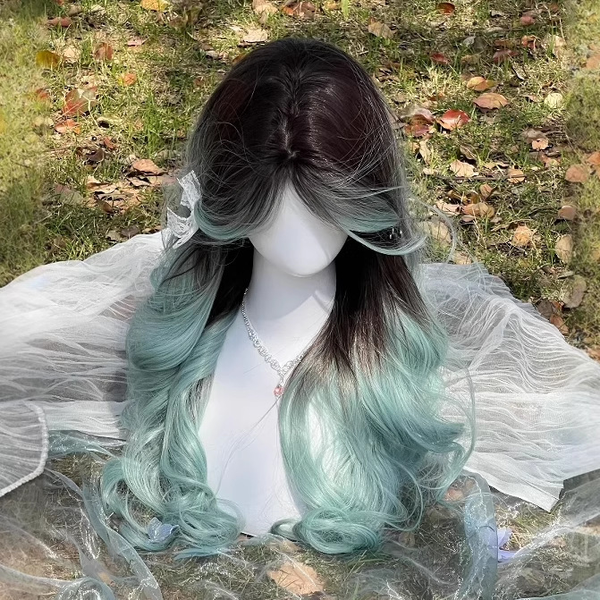 [Sea Salt Mint] Wig Women's Mint Blue Gradient Long Curly Hair Daily Wear Travel Natural Simulation Wig Set