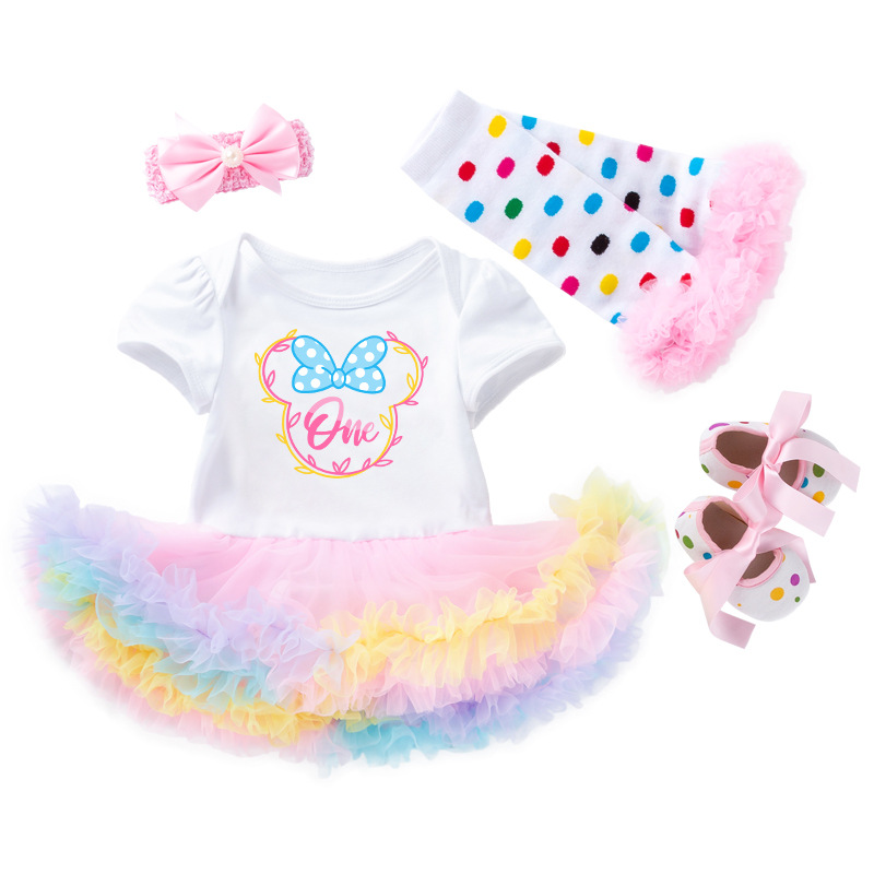New Baby Girl One Year Birthday Dress Cartoon Birthday Cake Princess Dress Shoes and Socks Combination Set Baby and Toddler Clothing