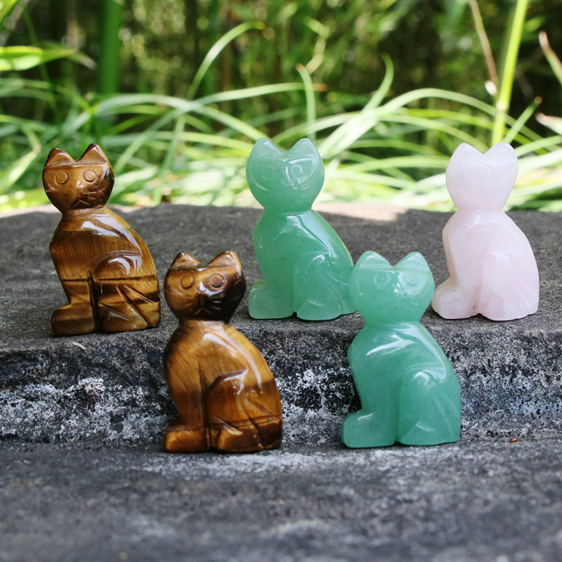 天然石雕刻半寶石1.5寸貓咪動物擺件 虎眼石粉晶綠東陵 跨境擺飾