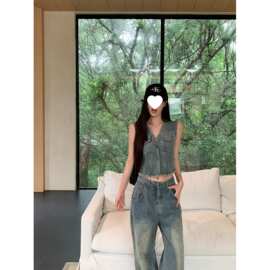 复古牛仔套装女2026新款辣妹毛边无袖马甲外套高腰阔腿长裤两件套