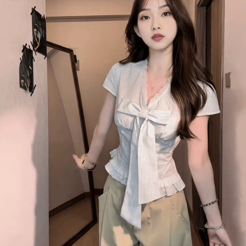 French Style Design Lace Bow Striped Shirt Women's Summer Niche Chic Shirt Top