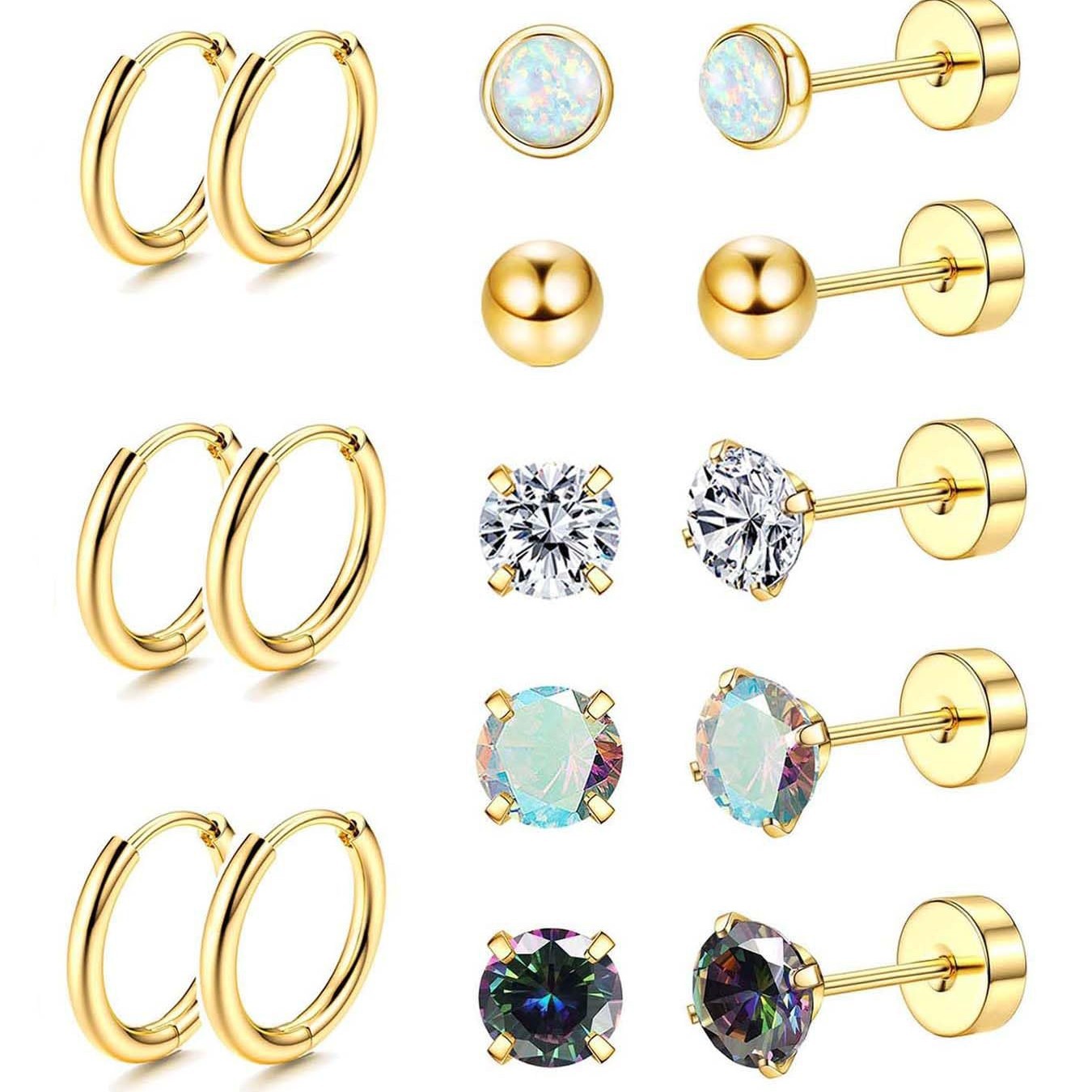 8 Pairs of Stainless Steel Round Zircon Earrings Set with Steel Round Balls, Opal Black, Elegant Circles, Stackable and Versatile