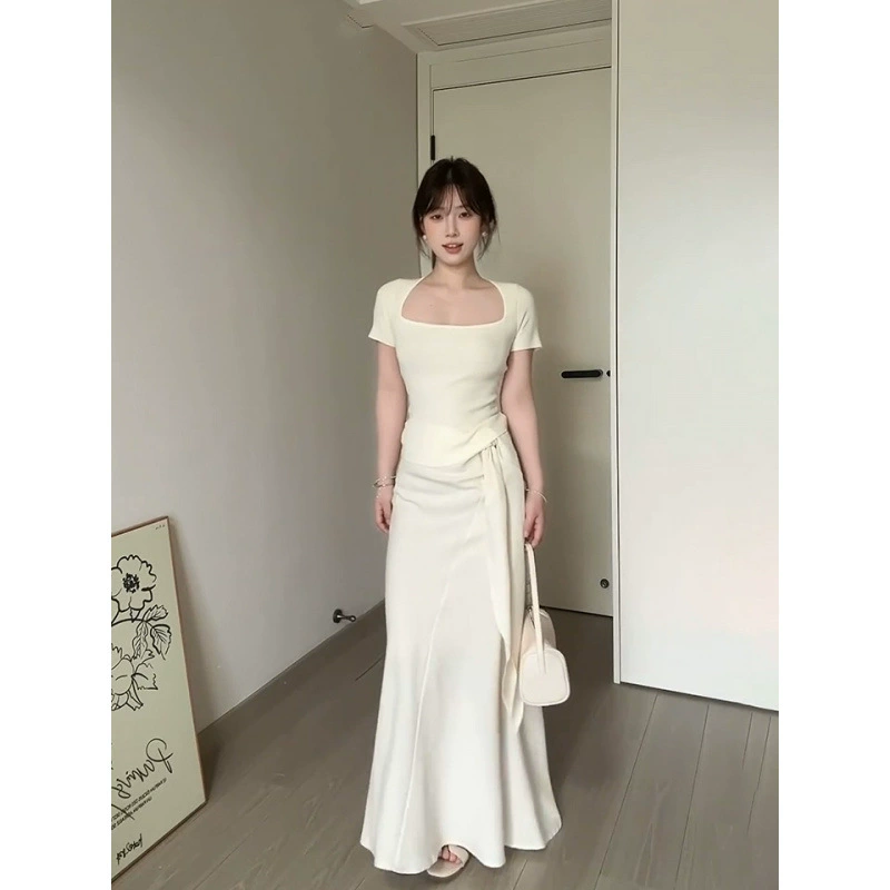 Женский летний комплект из топа и юбки: укороченный топ с короткими рукавами, свободный крой, высокая талия,  стиль «чистая страсть»,  для стройной талии.