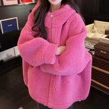 2025秋冬新款仿羊羔毛连帽外套女宽松加厚毛毛短款韩系保暖上衣