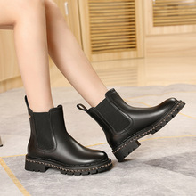 廣州高端新款加絨切爾西靴套筒中跟厚底短靴女真皮煙筒馬丁靴